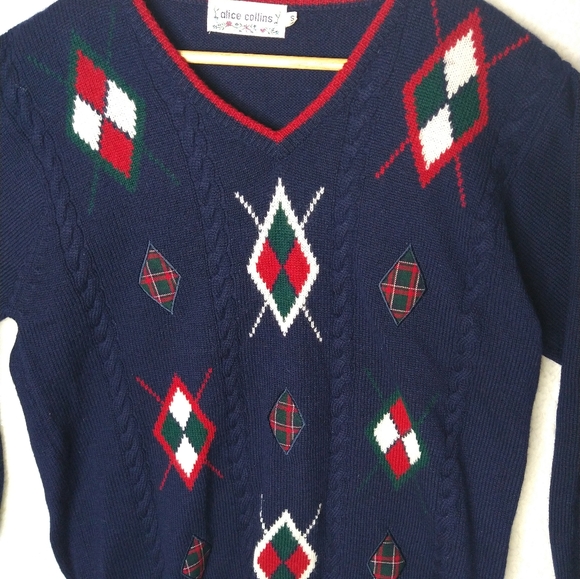Alice Collins Navy Sweater with Argyle Design 100% Wool Women's Size Small - Picture 2 of 7